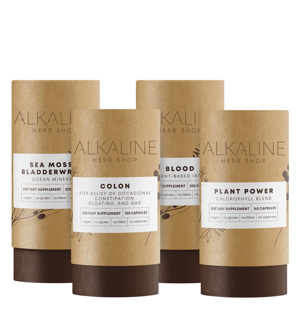 Alkaline Herb Shop Mild Detox Bundle - Sea Moss & Bladderwrack, Plant Power (Chlorophyll), Blood (järn) och Colon (Happy Colon)