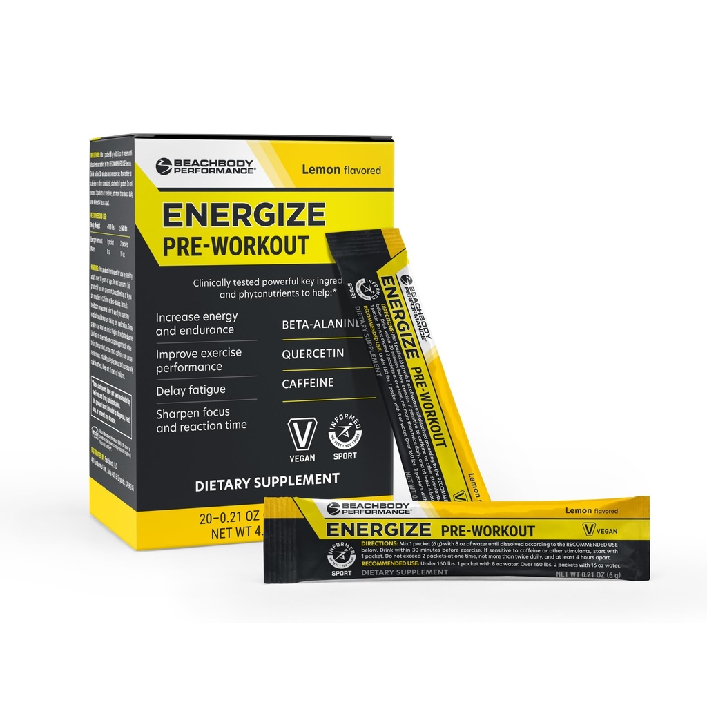 BODi Energize Pre Workout Powder - Beta-Alanine, Quercetin & Low-Dose Caffeine Formel för förbättrad energi och fokus, Öka energi och uthållighet Supplement, Lemon Flavored, 20 Sticks