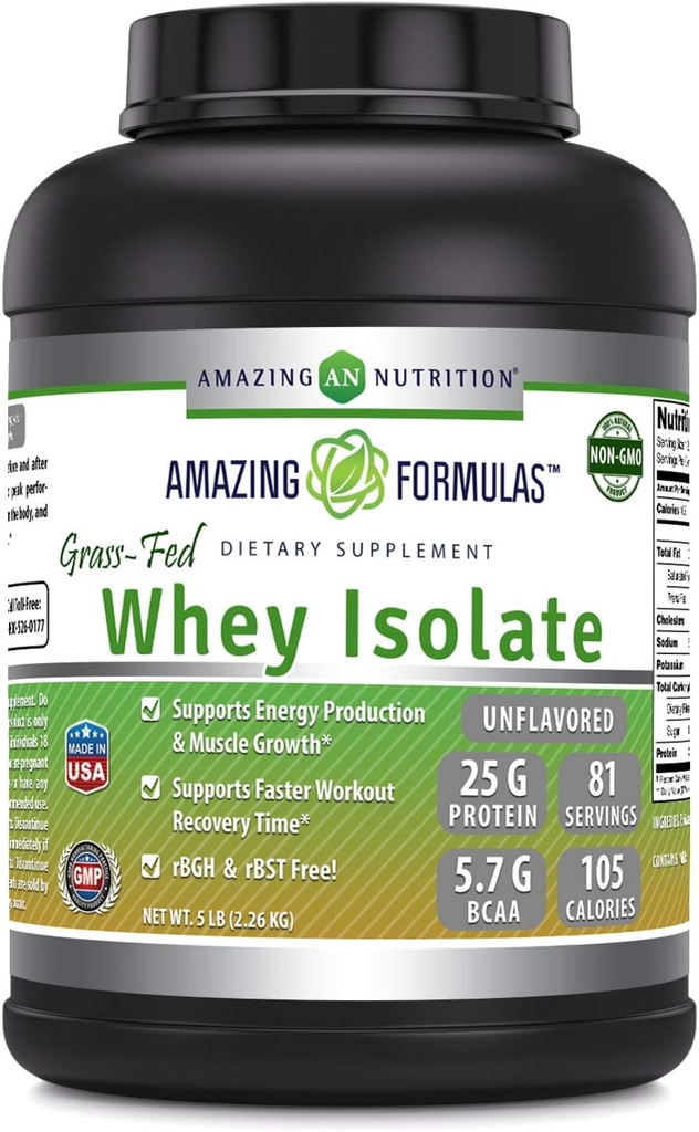 Fantastiska formler Grass-Fed Whey Protein Isolate | 25 Grams Protein Per Serving | 5 Lbs (2,26 Kg) | 5,7 Grams BCAA | Made in USA (5 Lb, Unflavored)