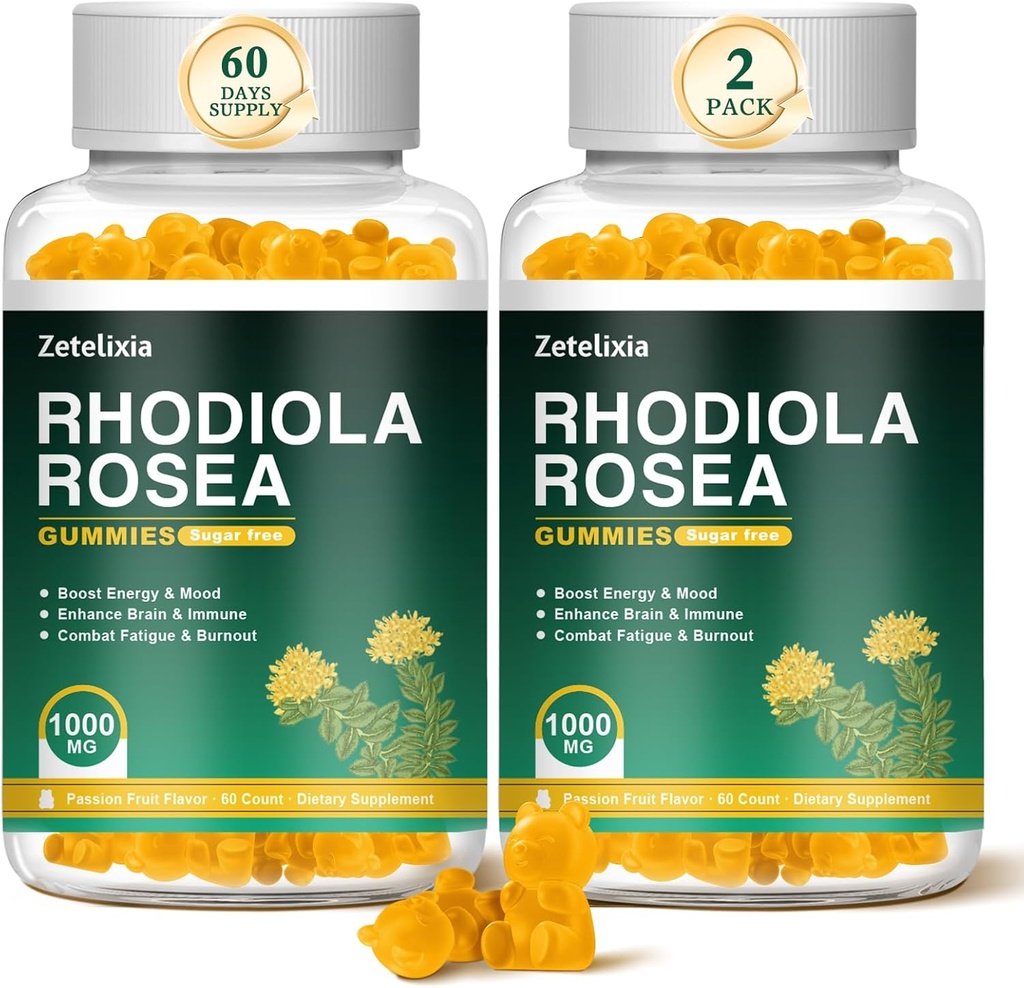 2 Pack sockerfri Rhodiola Rosea Gummies 1000mg, Rhodiola Rosea Supplement för kvinnor och män, stöd uthållighet, humör och energi, icke-GMO, Vegan, 120 greve