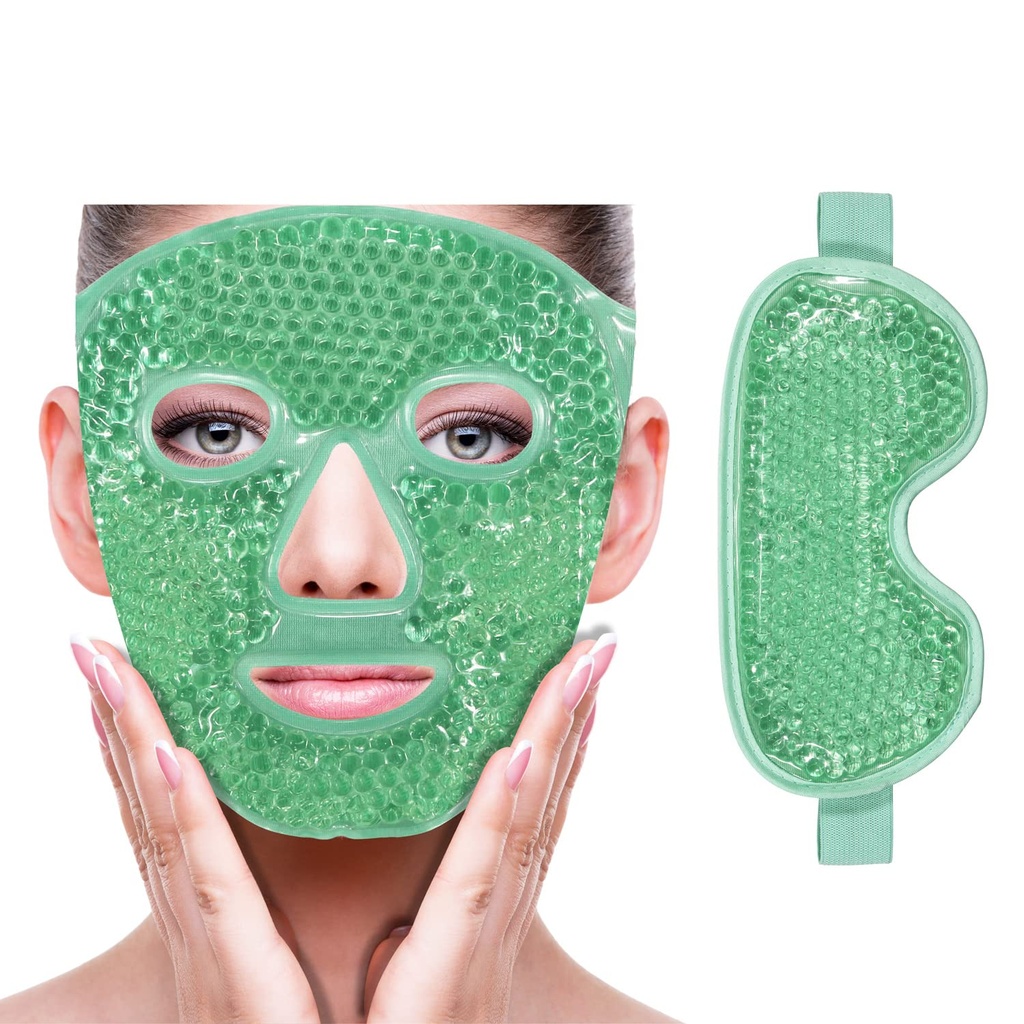 ZNÖCUETÖD Cooling Ice Face Eye Mask för att minska Puffiness, Bags Under Eyes,Sinus,Redness,Pain Relief,Dark Circles, Migraine,Hot/Cold Pack med Soft Plush Backing (Green(1* Eye Mask+1*Face Mask))