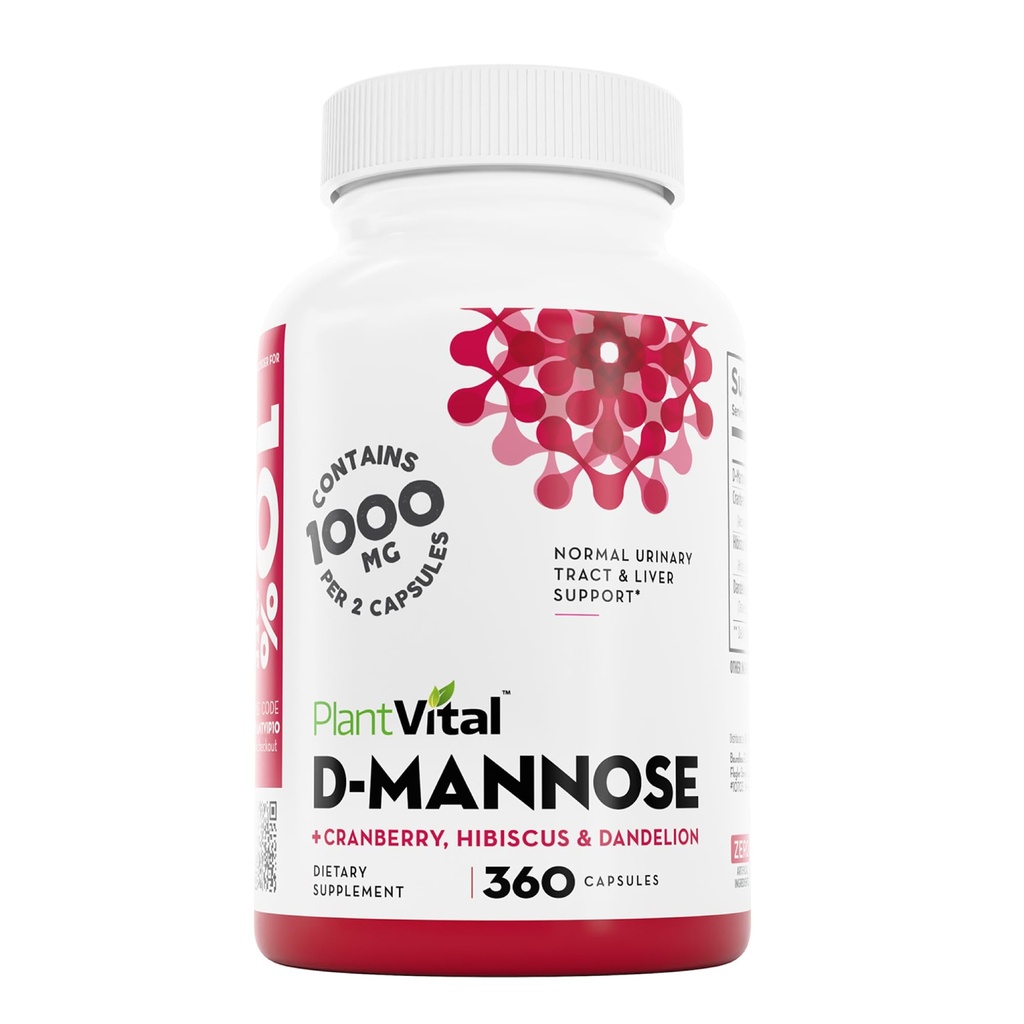 Plantvital D Mannose kapslar med Cranberry - D-mannos 1000mg kapslar - Hög styrka för blåsa, njure och urinvägsstöd. Cranberry Powder med Hibiscus och Dandelion. 6 månaders leverans