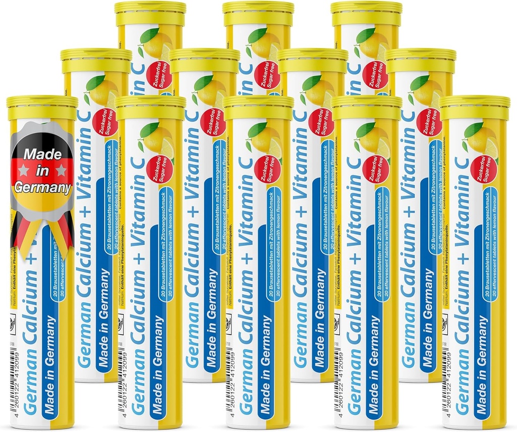 Tyska kalcium + VIT C - 240 Vegandrycksbrist - Lemon Lime Flavor - Tillverkad i Tyskland