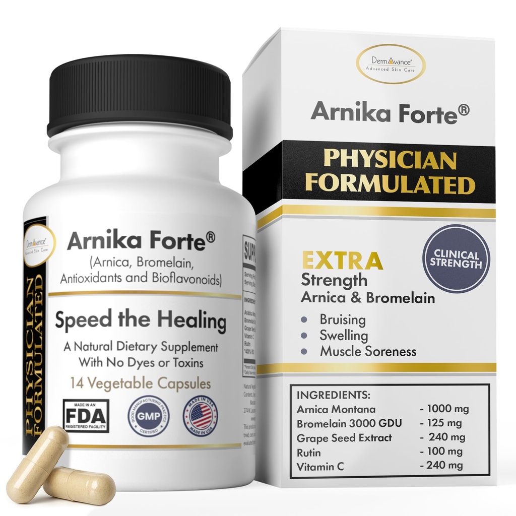 DermAvance Arnika Forte Capsules – Swelling and Bruising Reducer After Surgery and Aesthetic Treatments, Antioxidants & Bioflavonoids, Arnica 1000mg, Bromelain 125mg 3000GDU - 14 Capsules
