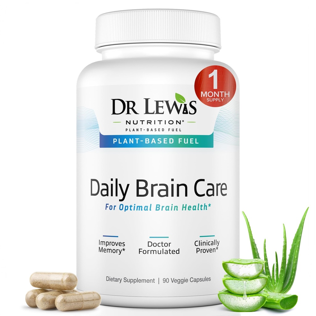 Hjärntillskott för minne och fokus - Dr Lewis Daily Brain Care Capsules med Aloe Vera - Plant-Based Nootropic and Energy Supplement för Brain Fog, Mental Clarity och Immune Support - 90 kapslar