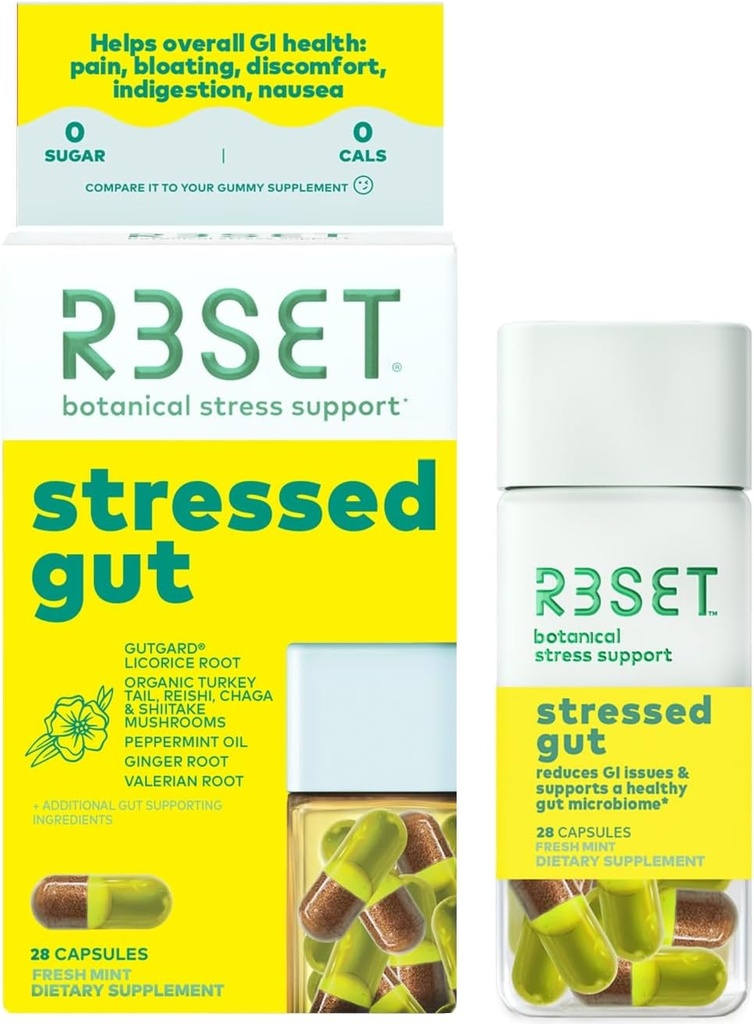 R3SET Stressed Gut Prebiotic Daily Supplement for Gut Health, Heartburn, Bloating, Gas – Complement Probiotics for Women + Men - Ginger, Licorice Root, Organic Mushrooms Blend, Natural, 28 Count
