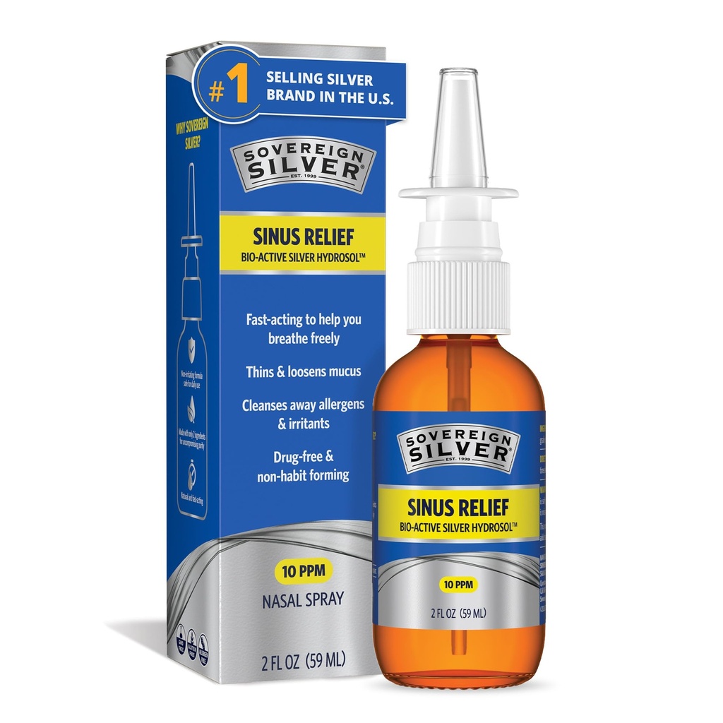 Sovereign Silver Natural Nasal Spray - Colloidal Silver Nasal Spray, Bio Active Nose Mist för Sinus Congestion och Immune Support, Vuxna och Barn, 10 ppm - 2 fl oz (59mL)