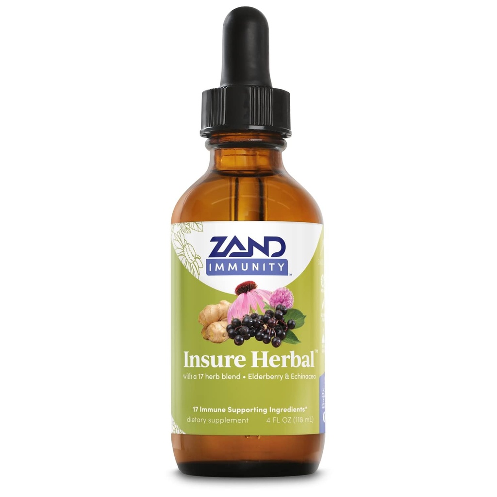 ZAND HERBALS Insure Herbal Liquid Blend - 17 Wellness Ingredients - w / Echinacea, Elderberry, Ginger, Sage, Peppermint och More - Gluten Free, Vegan, Non-GMO, 60-Day Guarantee, 147 Servings, 4 FL OZ