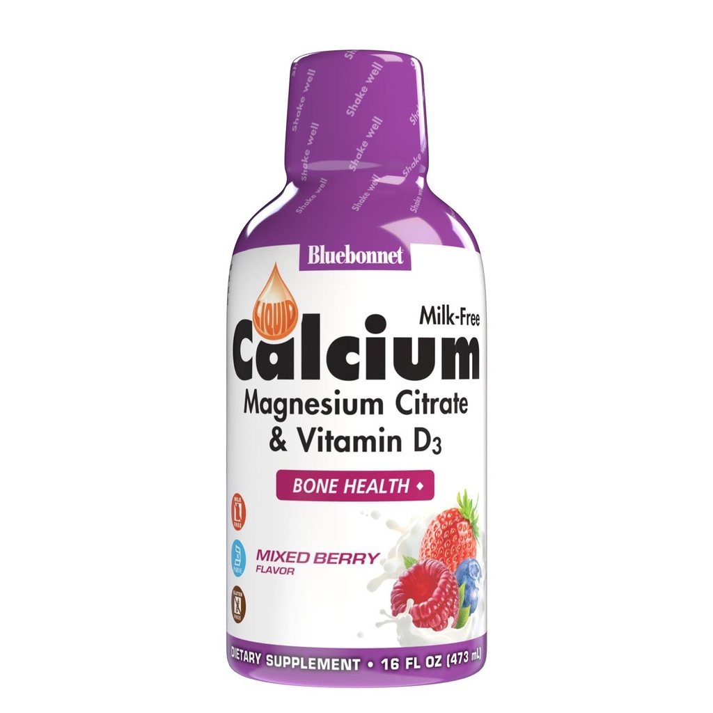 Bluebonnet Nutrition Liquid Calcium Citrate, Magnesium, Vitamin D3, Bone Health, Gluten Free, Soy Free, Milk Free, Kosher, 16 fl oz, 32 portioner, Mixed Berry Flavor