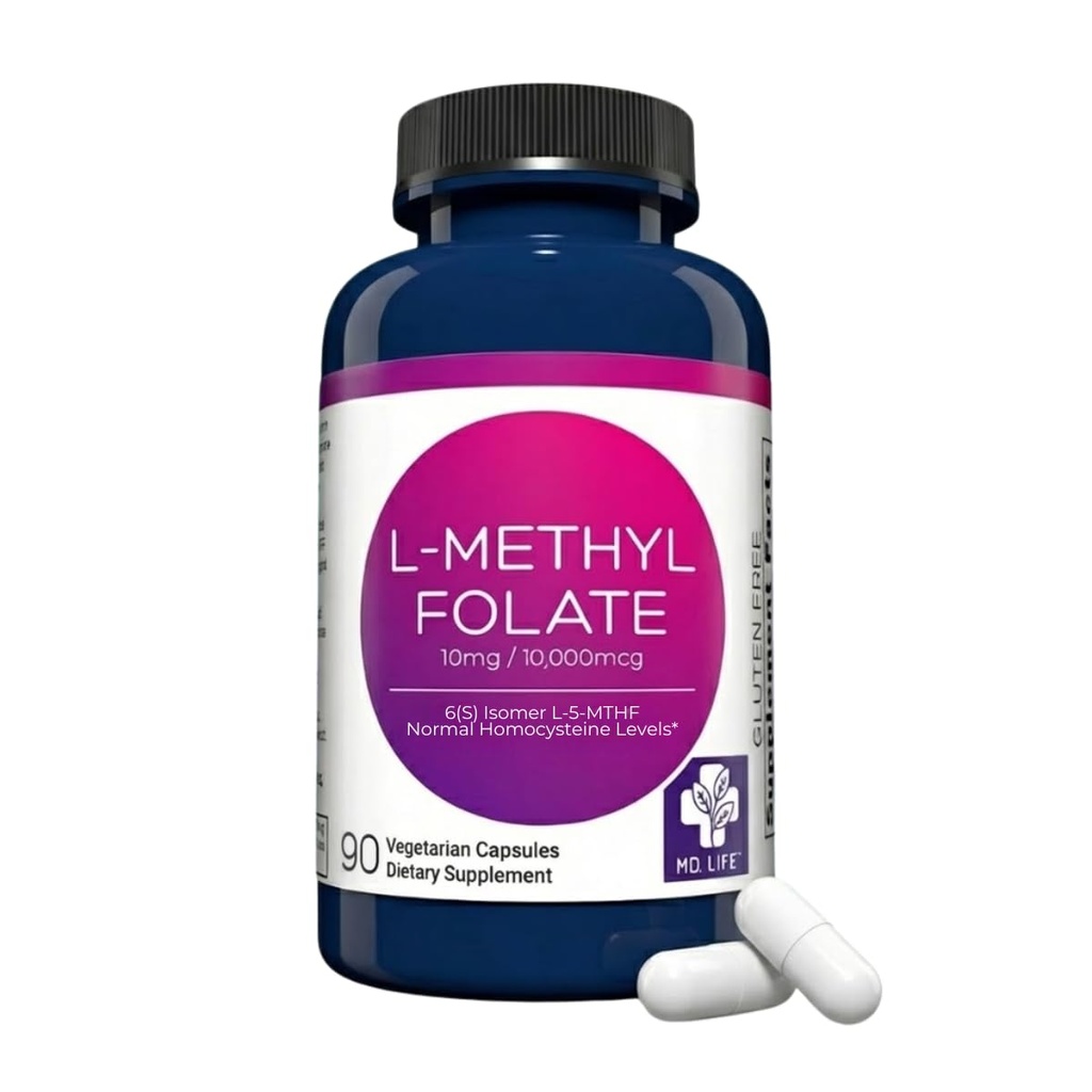 MD Life L-Methylfolat 10 mg Supplement - Professional-Grade Active L Methylfolate Supplement - 90 kapslar - L-Methylfolate 10mg - Maximal Potens MTHFR W / Essential Amino-syror