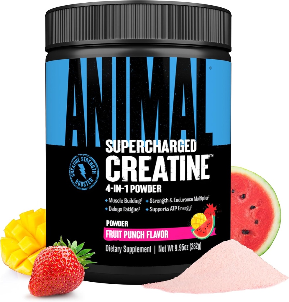 Djur Superladdad kreatinpulver - smaksatt kreatinmonohydrat förbättrad med Betaine Anhydrous, PurpleForce & Senactiv, styrka, uthållighet, muskelåterhämtning för män och kvinnor - Fruit Punch, 300g