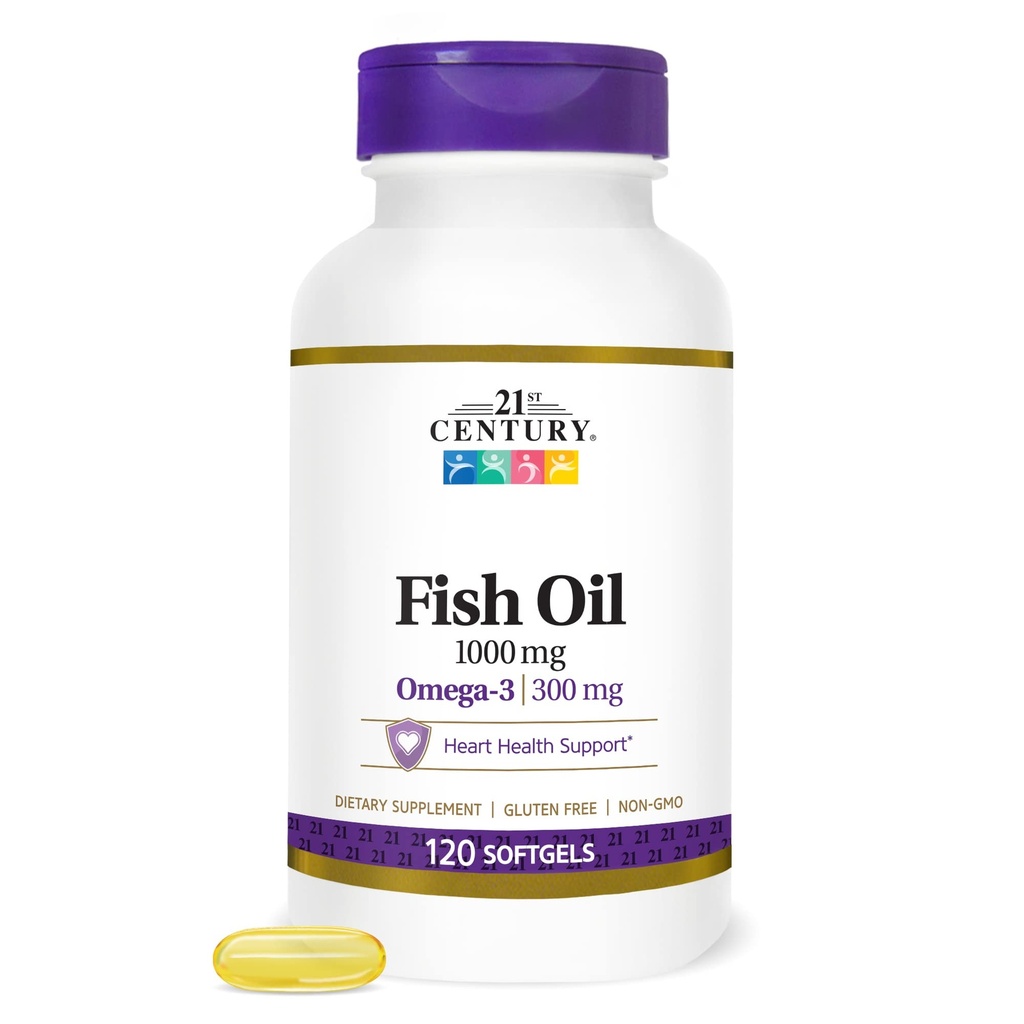 21st Century Fish Oil 1000 mg Softgels, (300 greve), molekylärt destillerad, Omega 3 Supplement med EPA & DHA, renad för att eliminera kvicksilver, stöder kardiovaskulär hälsa, Gluten Free & Non-GMO