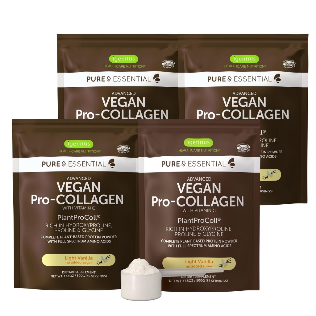 Igennus Advanced Vegan Vanilla Collagen Peptide Powder, Förbättrad med Glycine, Proline & Hydroxyproline & Cofactor Vitamin C, Non GMO, Vegetarian Plant Based Collagen Powder Booster, 140 Servings