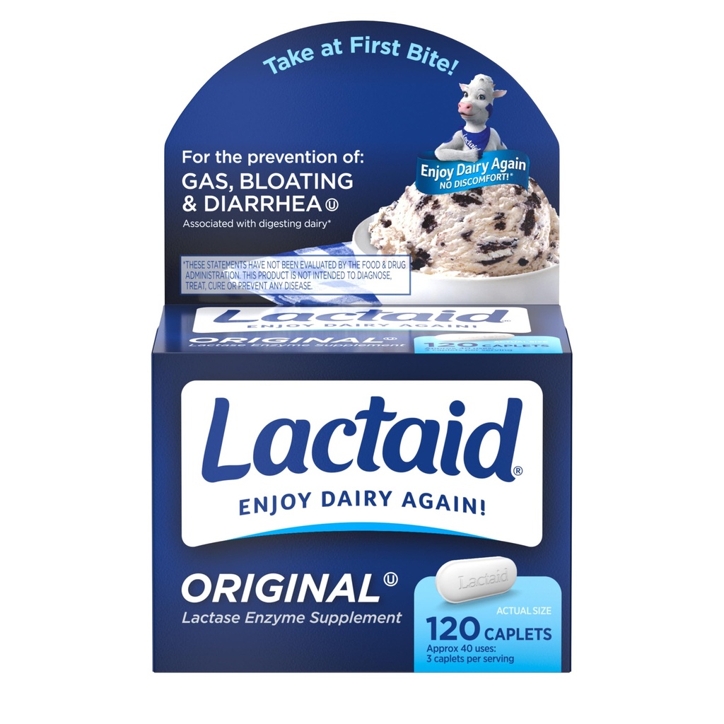 Lactaid Original Strength Lactose Intolerance Pills, 9000 FCC Natural Lactase Enzyme Dairy Relief Caplets, hjälper till att förebygga gas, uppblåst och diarré på grund av laktoskänslighet hos vuxna och barn, 120 greve