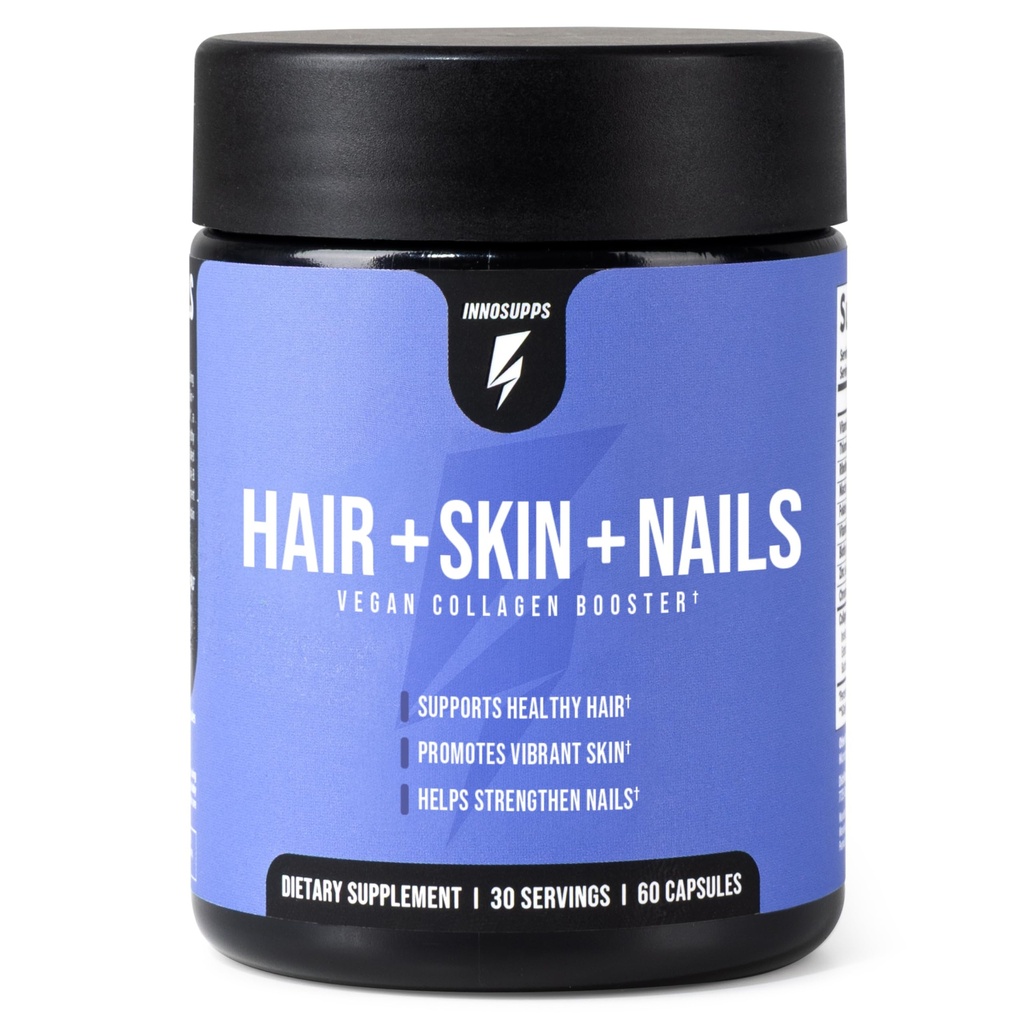InnoSupps Hair + Skin + Nails Supplement | Vegan Collagen Booster | Biotin, B12, Horsetail Herb Powder | Stimulate Hair Growth, Revitalize Skin, stärka naglar | 60 kapslar