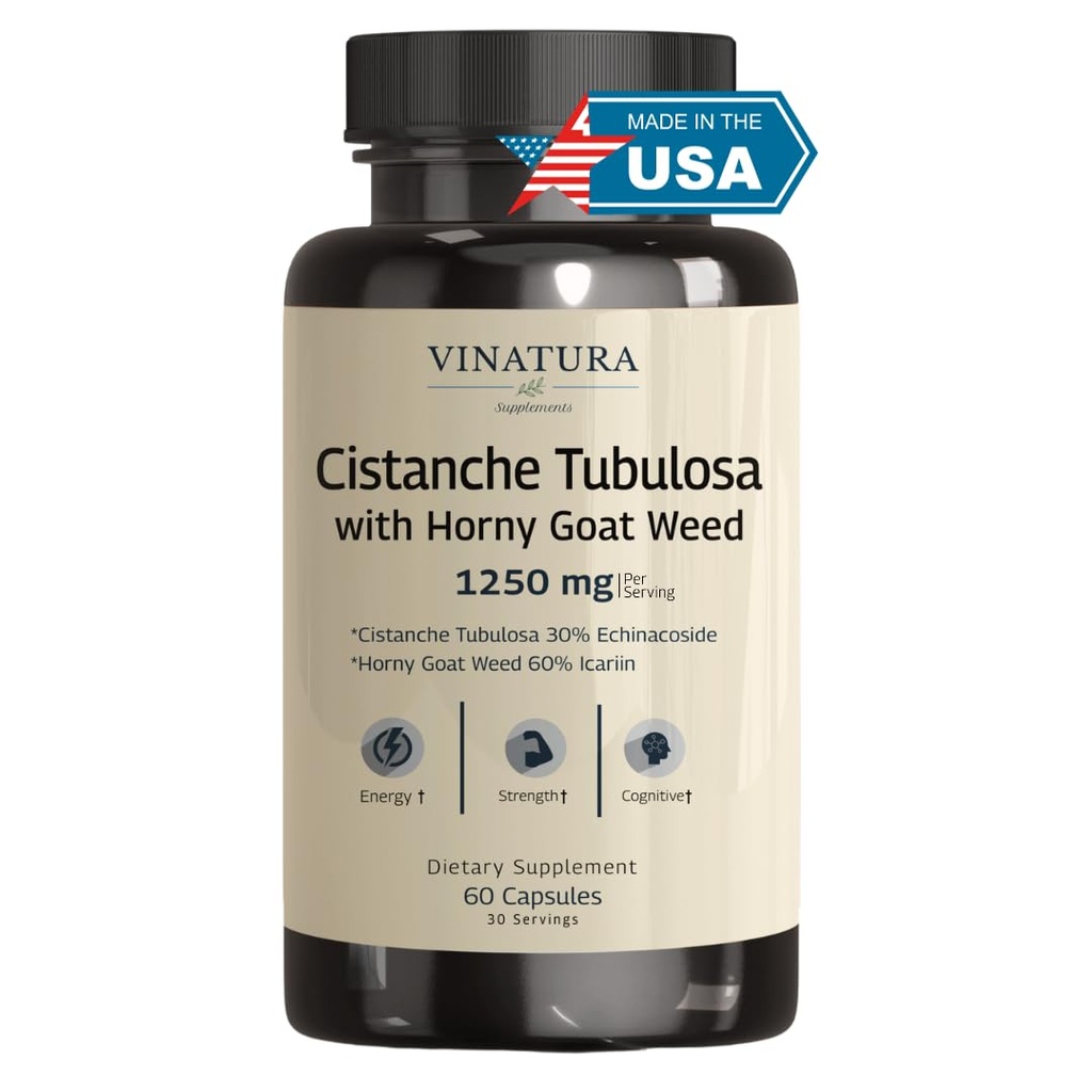 VINATURA Cistanche med Horny Goat Weed 60% Icariin - 1250mg per portion, Cistanche Tubulosa, Cistanche Supplement Men, Energy, Strength Cognitive *USA Made and Tested * - 60 kapslar 30 portioner