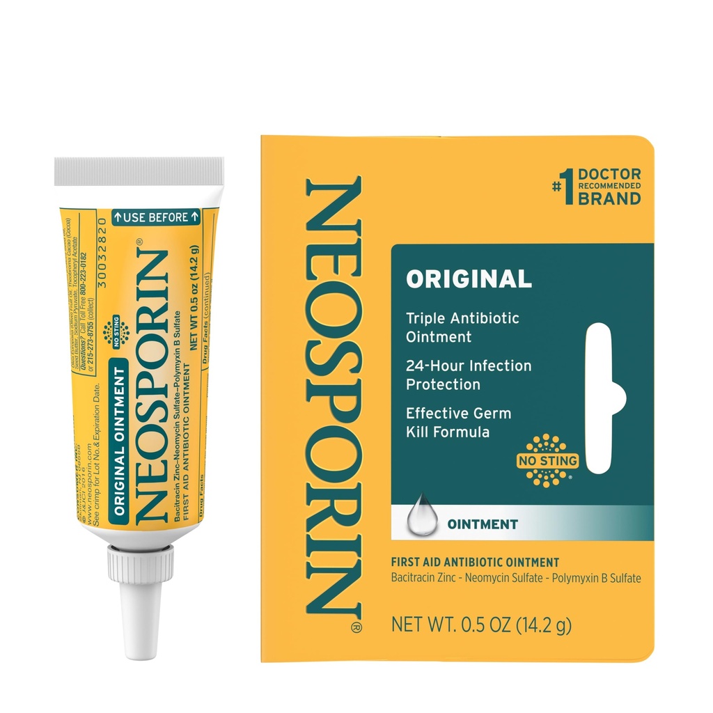 Neosporin Original First Aid Antibiotisk salva med Bacitracin Zink för infektionsskydd, sårvårdsbehandling och släpning Minimizer för mindre skär, skrapor och burns,.5 oz