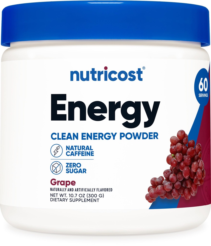 Nutricost Energy Drink Powder (Grape) (60 portioner) - Pre Workout Supplement med naturliga smaker - Non-GMO, Gluten-Free