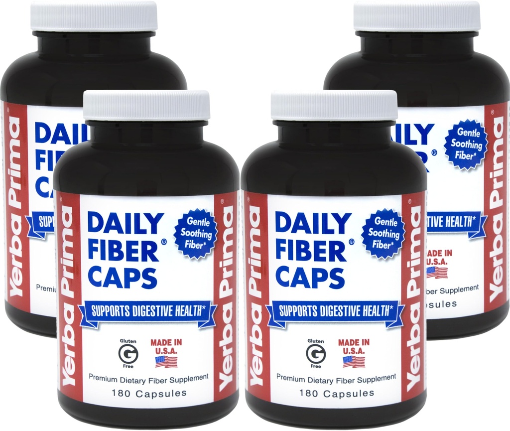Yerba Prima Daily Fiber Caps - 180 Capsules (Pack of 4) - Löslig & Olöslig Dietary Fiber Supplement - Colon Cleanse - Gut Health - Vegan, Non-GMO, Gluten-Free