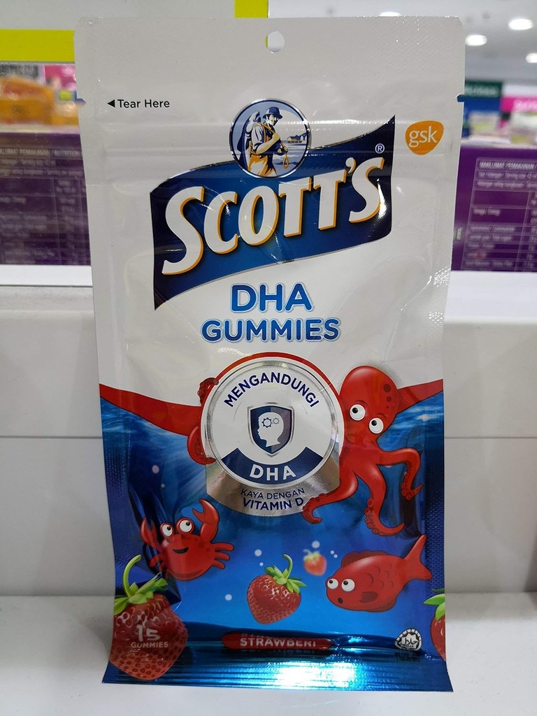 Scotts DHA Gummies, Trawberry Flavour, 15s, Vitamin D,Essential för hälsosam tillväxt och utveckling hos barn och hälsosam immunfunktion.