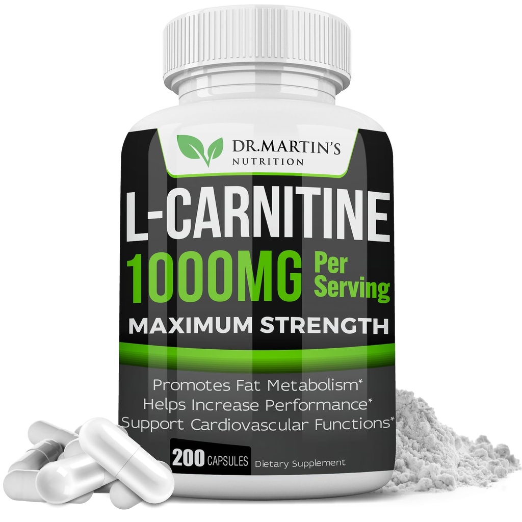 DR MARTIN'S NUTRITION Extra Strength L-Carnitine - 200 kapslar - 1000 mg Per servering - öka din ämnesomsättning och öka prestanda