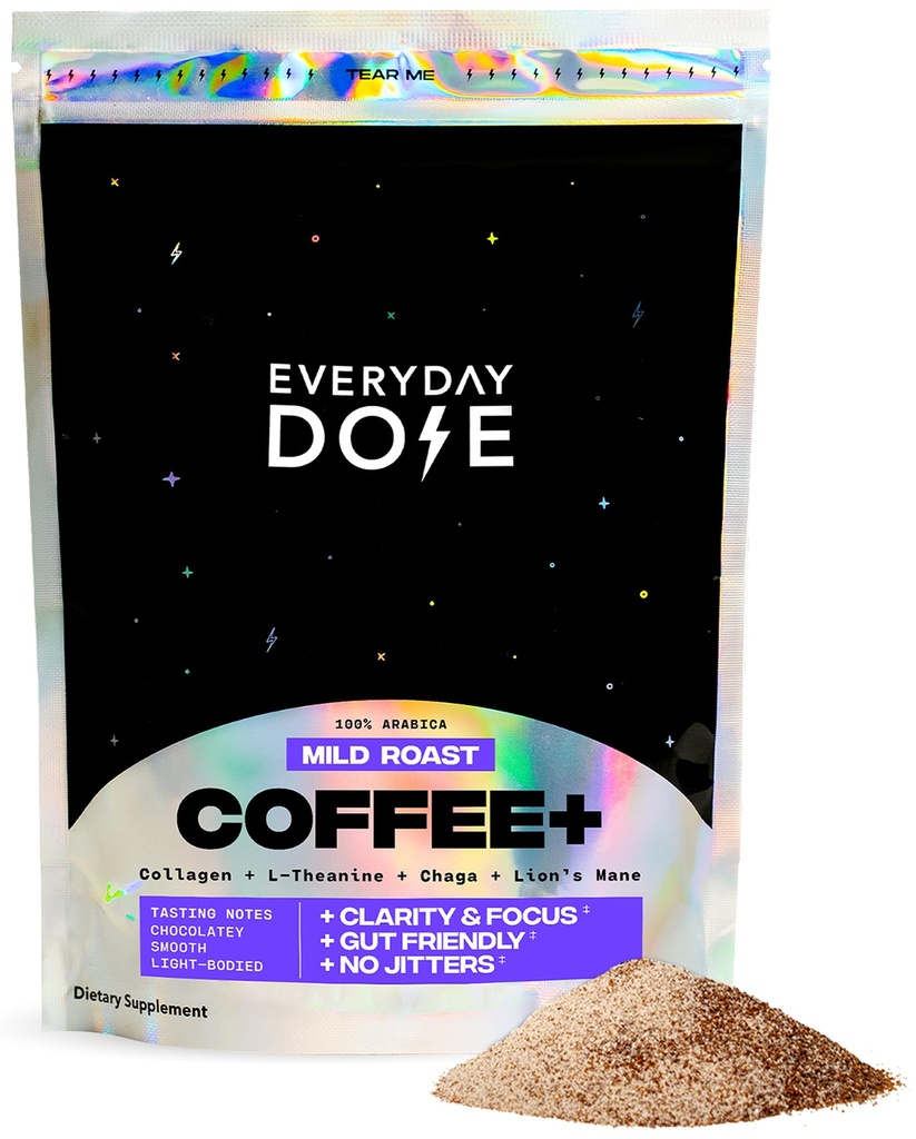 Varje dag Dose Premium Adaptogen Mushroom Coffee med Grass-Fed Collagen, Chaga, Lions Mane & L-Theanin för bättre fokus, energi, matsmältning, hud och immunitet 30 portioner