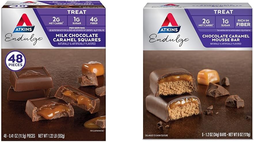 Restauranger i närheten av Atkins Endulge Milk Chocolate Caramel Squares 48 Count & Chocolate Caramel Mousse Bars 5 Count Bundle