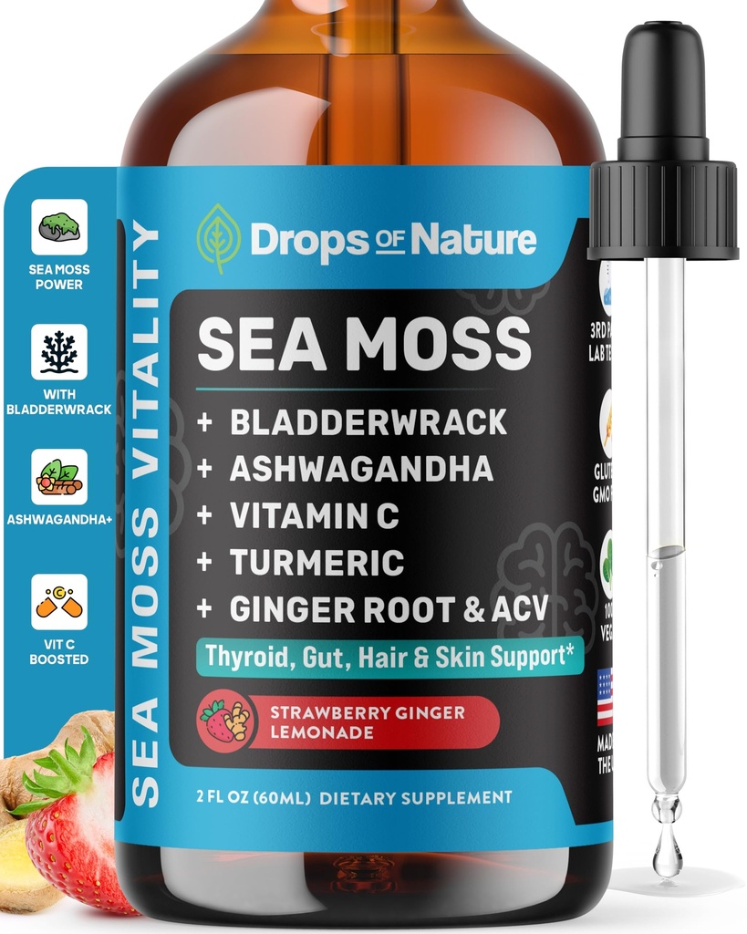 Ashwagandha & Turmeric Liquid Drops - Vitamin C, Sea Moss, Apple Cider Vinegar, Bladderwrack - Vegan Liquid Drops för omfattande Wellness Support & Vital Immunity (Strawberry Ginger Lemonade, 60mL)