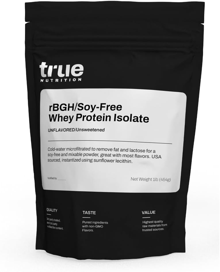 True Nutrition - rBGH / Soy Free Whey Protein Isolate [Milk] - 100% Grass Fed Whey Protein Pulver med viktiga Aminosyror - Inga tillsatta hormoner eller antibiotika (Unflavored/Unsweetened, 1 lb)