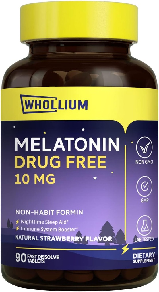 Melatonin 10 mg, naturlig jordgubbsmak, Easy-Melted, Nighttime Rest, Mind Calm, 90 flikar