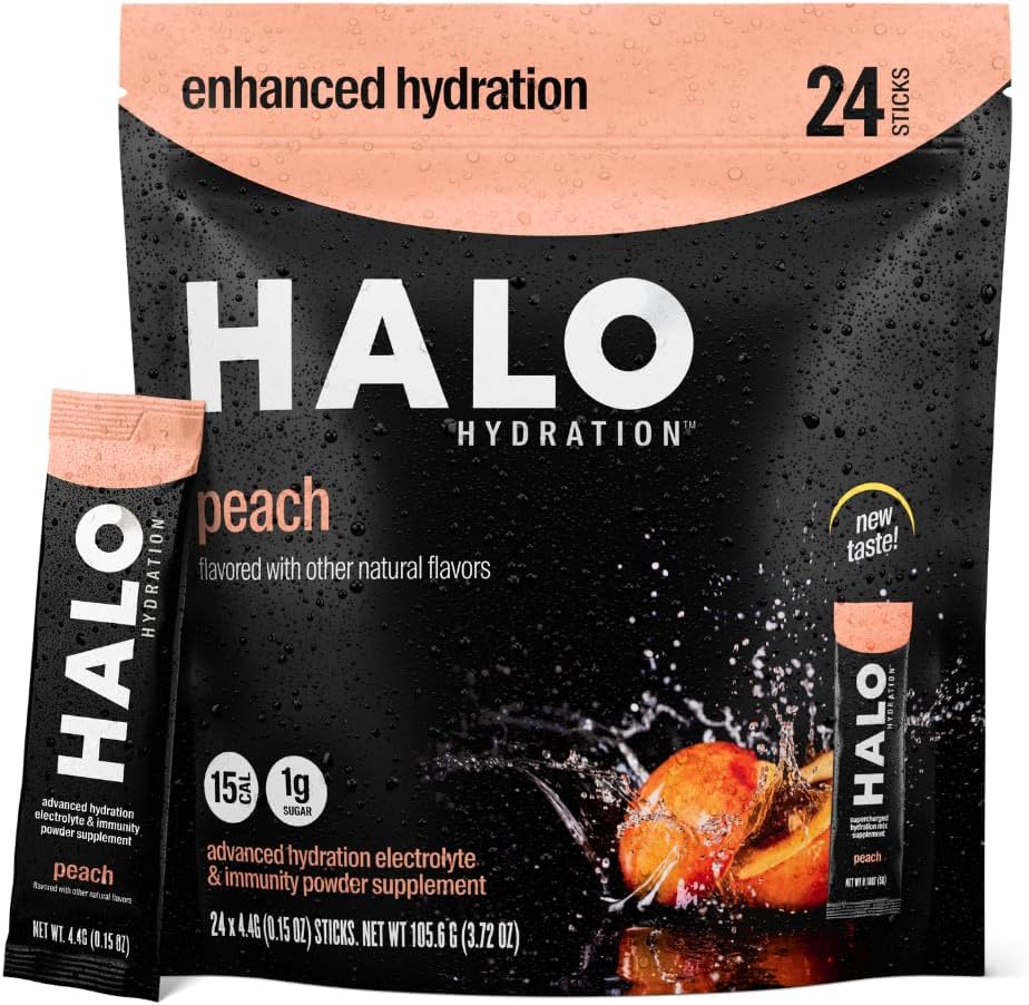 Halo Hydration Electrolyte Powder Packets - Peach - 24 portioner (5g varje) - Organisk Hydration Drink med låg socker + Essential Vitaminer + Mineraler - Vegan