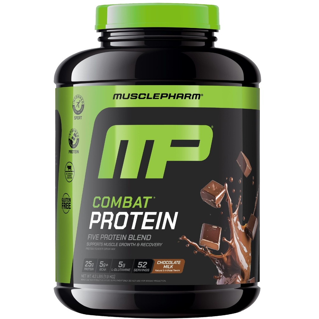 MusclePharm Combat Protein Powder, Chokladmjölksmak, bränslemuskler för produktiva träningspass, 5 proteinkällor inklusive Whey Protein Isolate & Egg Albumin, Gluten Free, 4,2 lb, 52 portioner