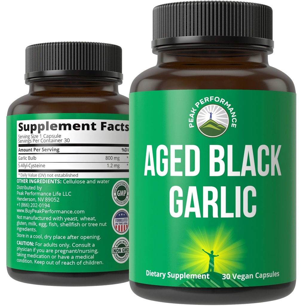 Peak Performance Aged Black Garlic Capsules. Raw Vegan Pure Odorless Extract Supplement Pills for Cholesterol och Immune Support. från Garlic Bulb med S-Allyl Cysteine och Antioxidanter
