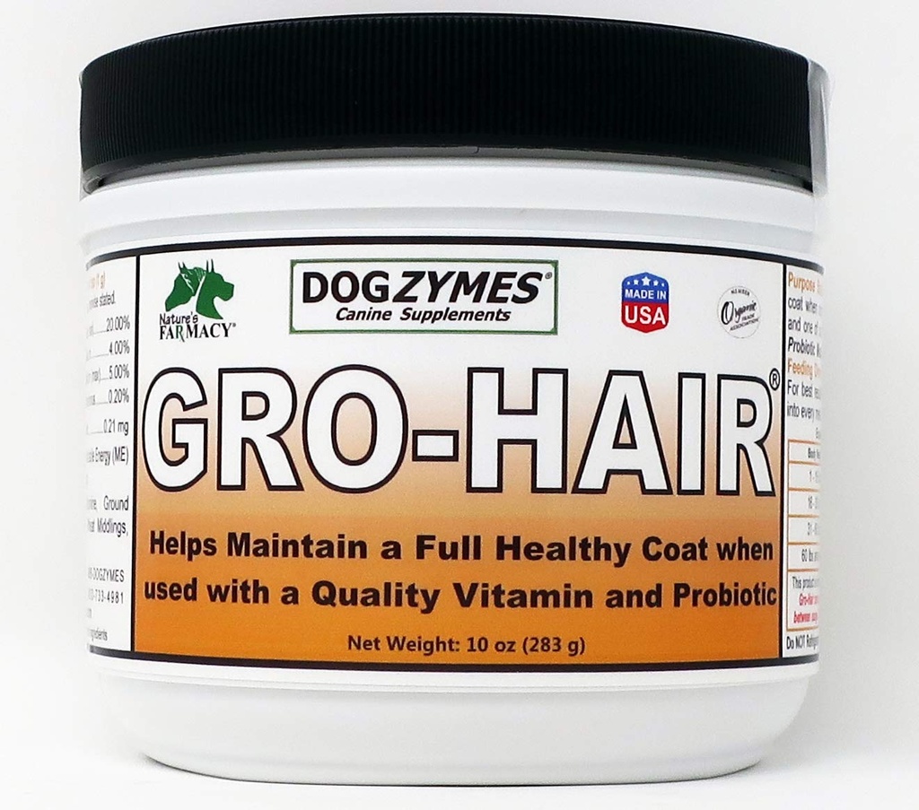Dogzymer GRO-Hair för längd av päls eller fjäderfäder, snabb pälstillväxt eller när gles päls och / eller balda fläckar behöver fylla i.