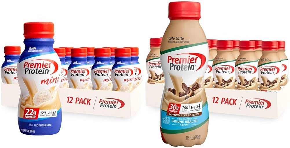 Premier Protein Shake MINIs Vanilla 22g Protein 120 Kalorier Pack av 12 & Café Latte 30g Protein 160 Kalorier Näringsämnen för Immune Health Pack av 12