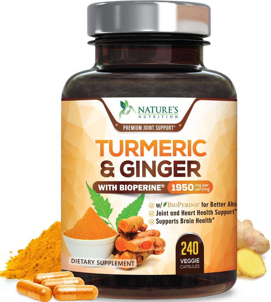Gurkmeja Curcumin Supplement 1950mg - 95% Curcuminoids med organisk gurkmeja & Ginger, BioPerine Black Pepper för bästa absorption, Naturens Vegan Joint Support, Non-GMO, Bottled i USA - 240 kapslar