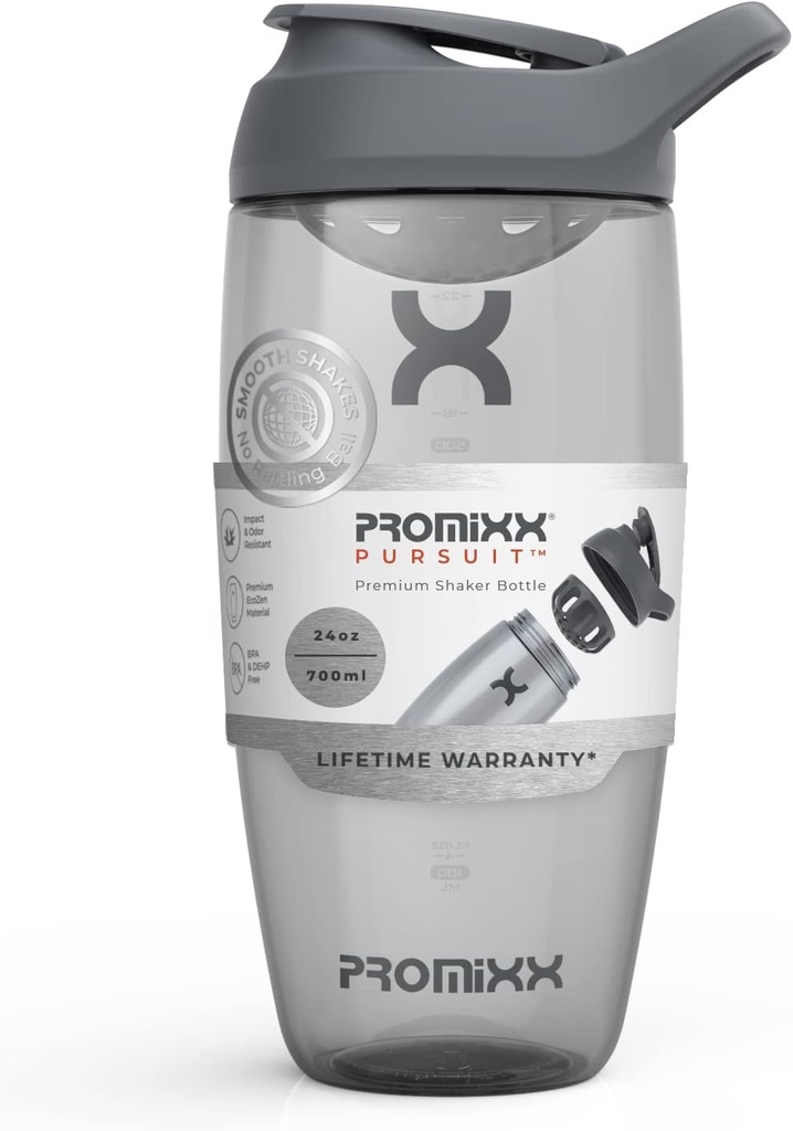 Promixx Pursuit Protein Shaker Bottle (24 oz) - Silent No-Ball Mixer, Leak-Proof Lid, BPA / BPS & Phthalate-Free ECOZEN - Easy-Clean Shaker Cup för Protein Shakes, Pre & Post-Workout Smoothies