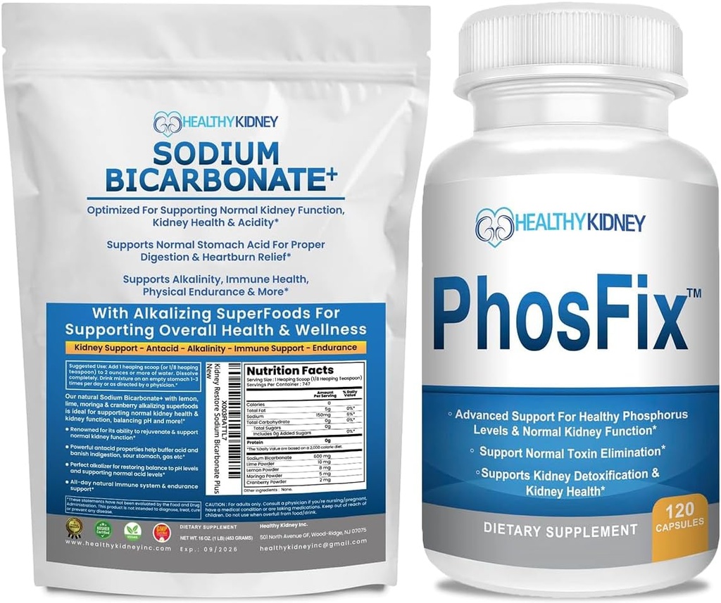 Organic Sodium Bicarbonate Alkaline Supplement Bundle: 1LB Powder för alkalinitet, njure och syra Support + PhosFix 120 Pills Phosphorus Binder för hälsosam fosfornivåer och njurhälsovårdsleverantör