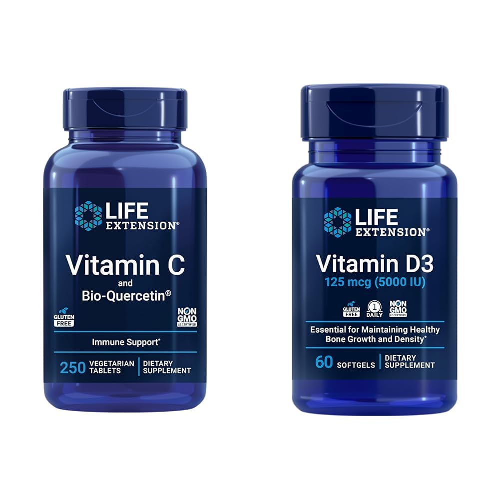 Life Extension Vitamin C & Quercetin Plus Vitamin D3 5000 IE - 250 tabletter Vitamin C Immune Support Plus 60 Vitamin D3 Softgels för ben, hjärna och immunhälsa