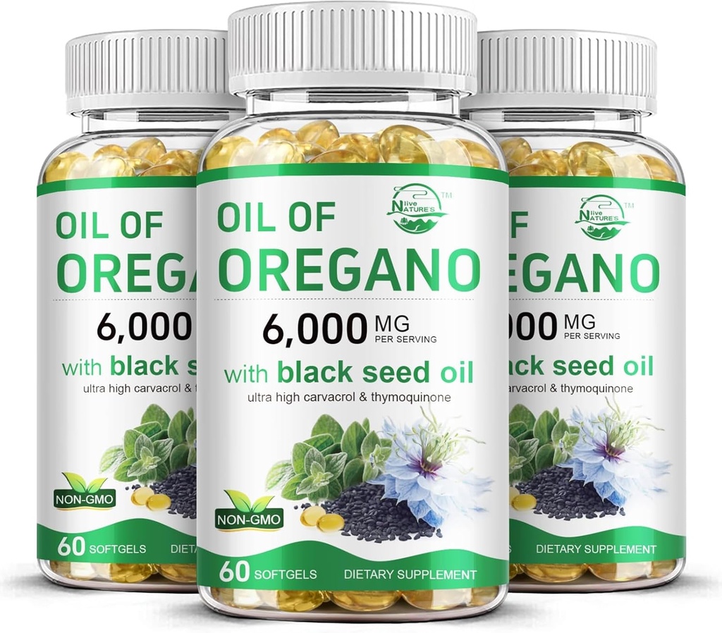 Naturens levande olja av Oregano med Black Seed Oil, 2 i 1 Oregano Supplement för immunhälsa, behåller högkoncentrerad karvacrol & Thymoquinone, Non-GMO, 3 Pack