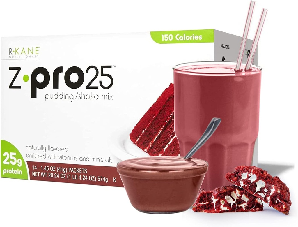 R-Kane Nutritionals Z-Pro Red Velvet Protein Drink Mix - High Protein, Low Calorie Low Fat Shake och Pudding Mix - Meal Replacement, On-The-Go Packets - Breakfast Boost - 25g Protein - 14 Packets