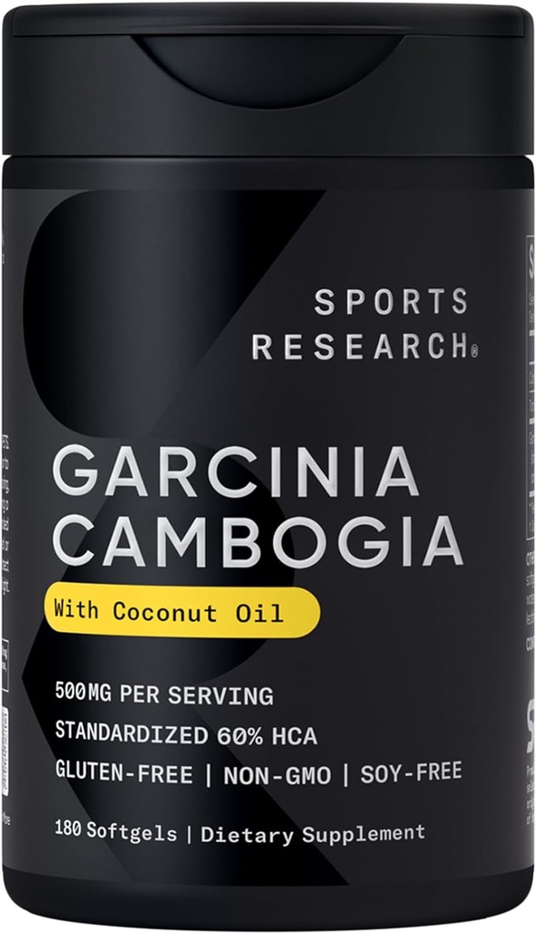 Sportforskning Garcinia Cambogia Extract (60% HCA) med Extra Virgin Organic Coconut Oil | Non-GMO, Soy & Gluten Free (180 Liquid Softgels)