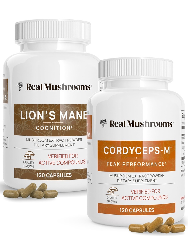 Lions Mane (120ct) och Cordyceps (120ct) Capsules Bundle - Mushroom Supplement för kognition, energi och uthållighet