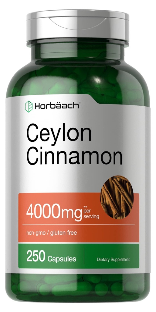 Horbäach Ceylon Cinnamon Capsules 4000mg | 250 greve | Non-GMO, Gluten Free