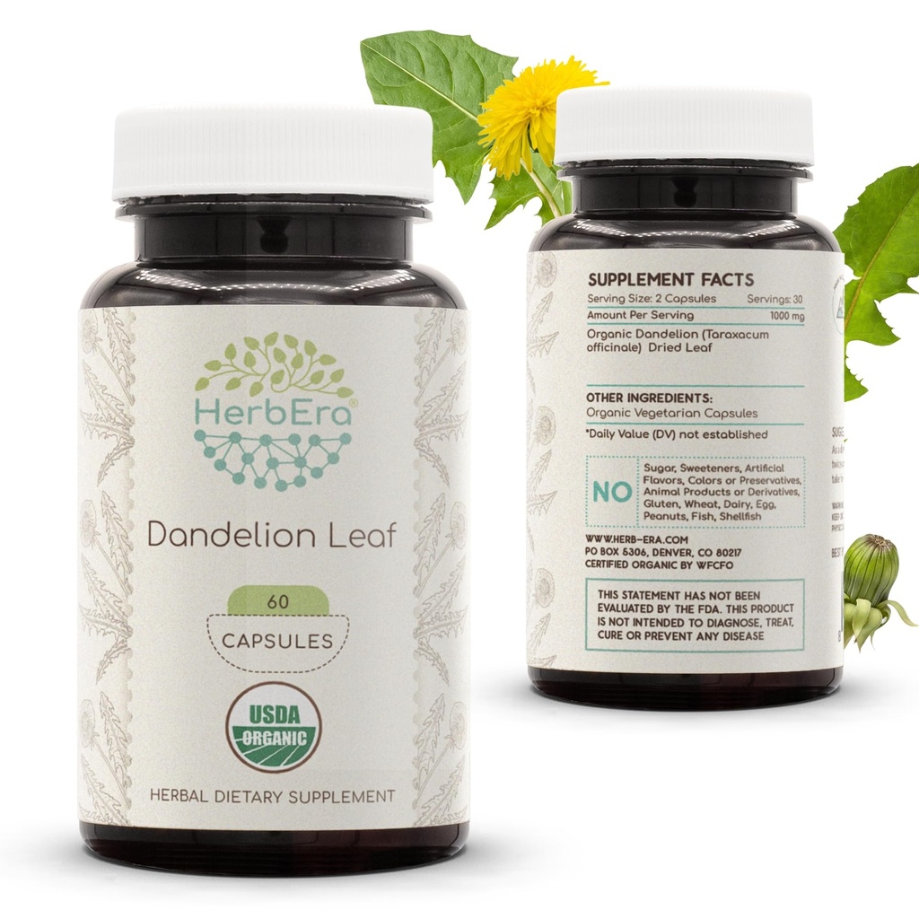 HerbEra Dandelion Leaf USDA Organic 60 Capsules | Natural Herbal Supplement | Certified Organic Vegetarian Capsules and Organic Dandelion (Taraxacum Officinale) Dried Leaf (60 kapslar)
