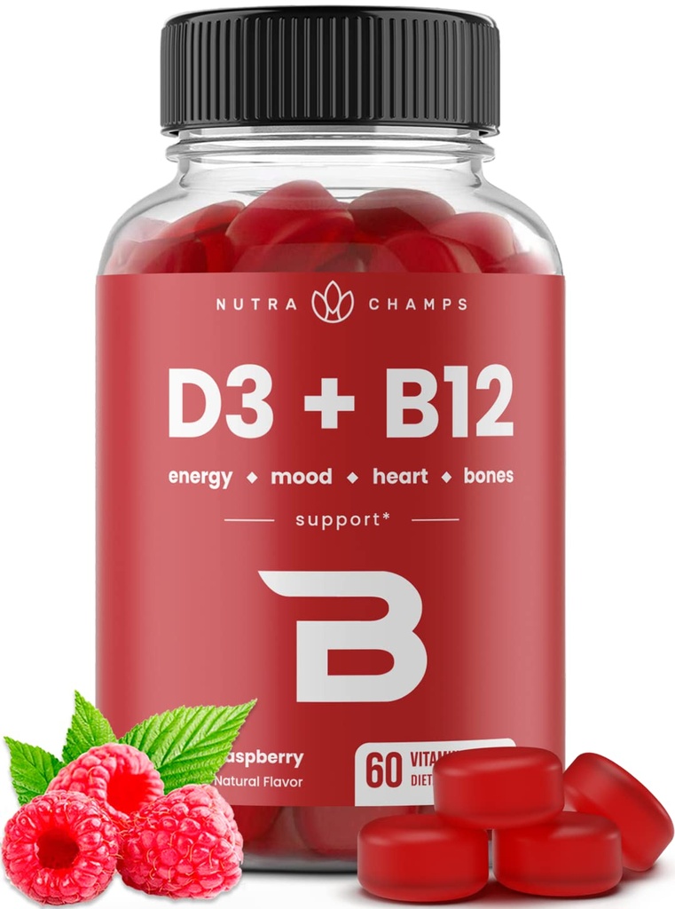 NutraChamps Vitamin D3 & B12, Methyl B12 Gummies för vuxna och barn, förbättrad med vitamin D 3 & B9 Vitamin Folate, naturlig energi, humör, metabolism & Focus, Raspberry, 60 Gummies