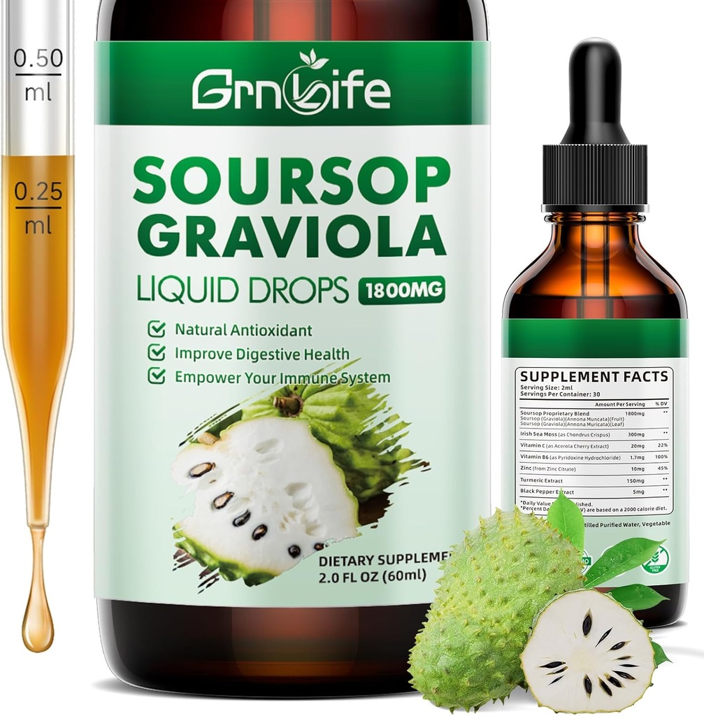 (1 Pack) Soursop Graviola Liquid Drop med Sea Moss & Turmeric, Soursop Bitters Liquid för Cell Support & Regeneration, Antioxidant och Immune, 2 Fl/Oz
