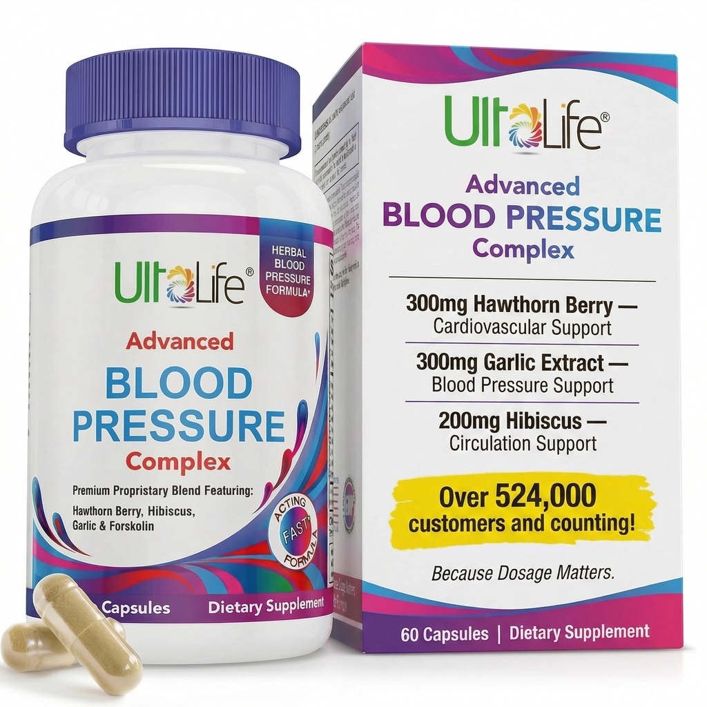 ULTALIFE Blodtryckstillägg - Avancerad blodtryckstillägg Komplex - Hawthorn Berry, Hibiscus, Garlic, Forskolin - 14 Vitaminer och örter, 30 dagars leverans i Veggie Capsules