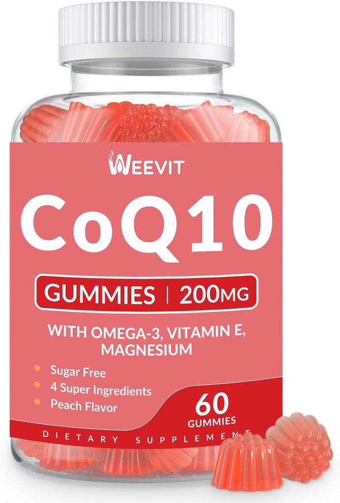 Sugar Free CoQ10 Gummies 200mg, Coenzyme Q10 w/Omega-3, Vitamin E för vuxna, Co Q10 Supplement för antioxidant, energi, hjärnstöd