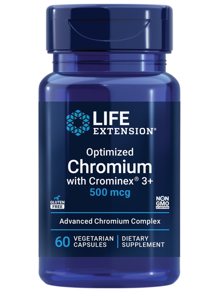 Life Extension Optimized Chromium with Crominex 3+ 500 mcg, Metabolism Health, Healthy Balance, Vegetarian, Gluten Free, Non-GMO, 500 mcg, 60 Vegetarian Capsules